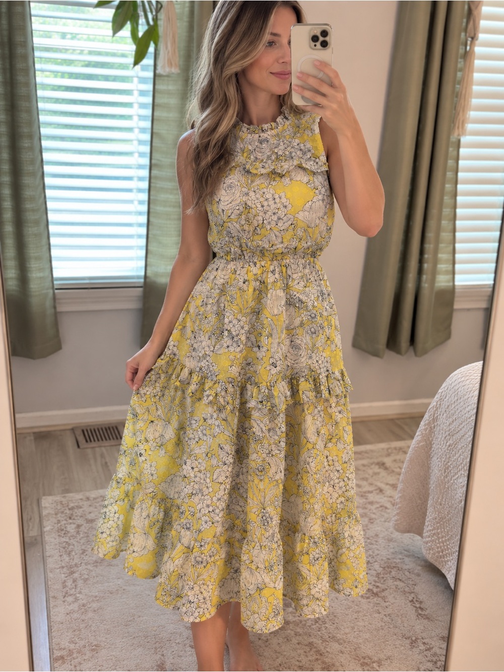 Monteau Los Angeles Yellow Floral Ruffle Tiered Midi Dress L